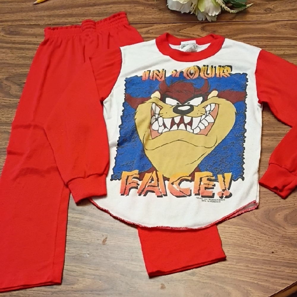 🧨 Vintage 90s Taz Looney Tunes Pajamas Set Boys 8-10 Years